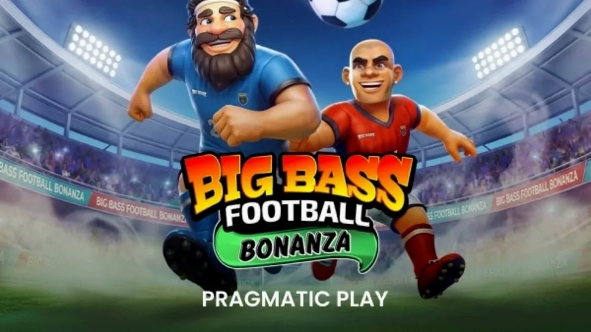 Tampilan visual slot Big Bass Football Bonanza dengan tema stadion sepak bola dan elemen memancing.
