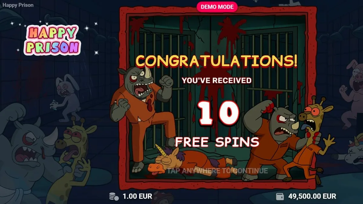 Tampilan visual slot Happy Prison dengan karakter kartun di balik jeruji besi